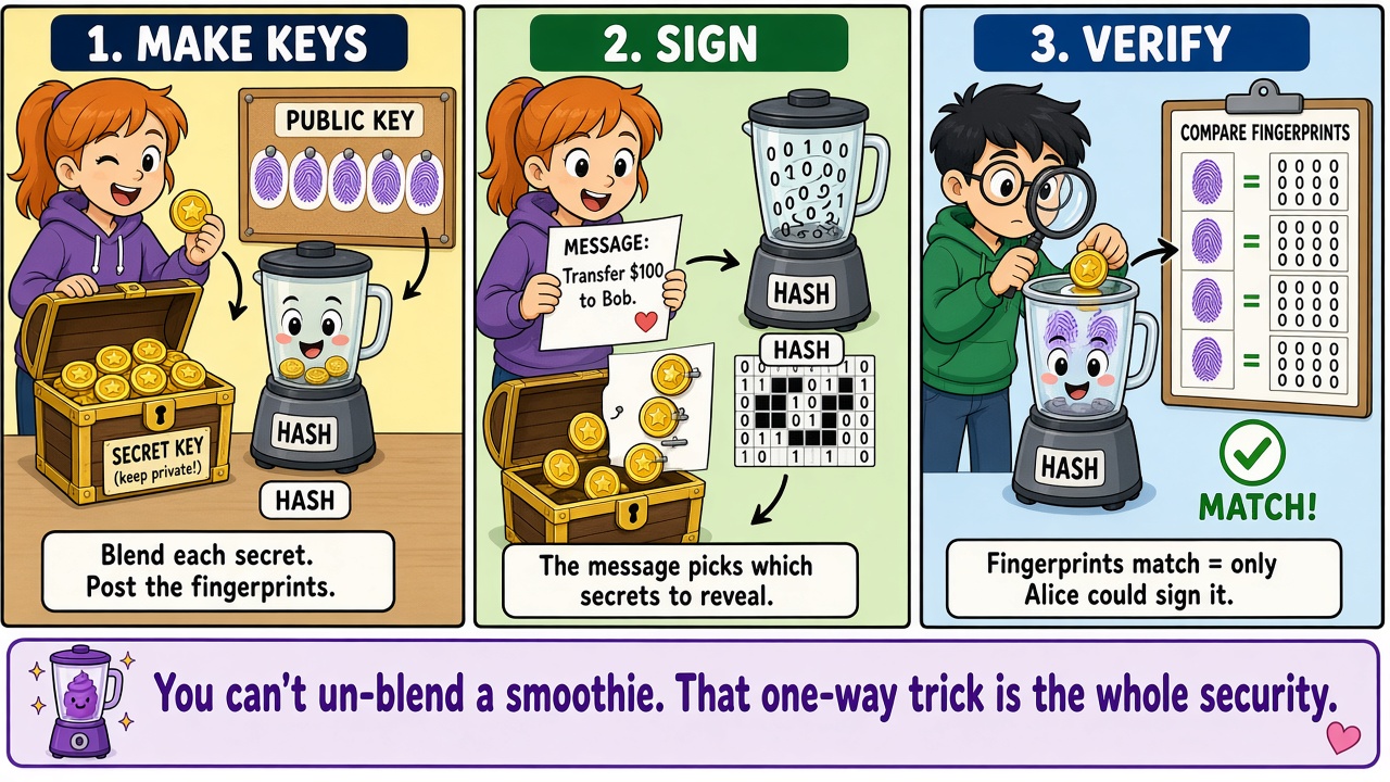 Cartoon: how a hash-based signature works